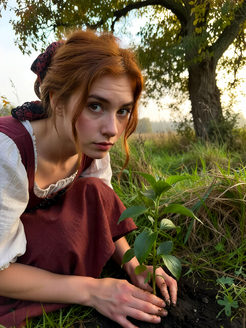 Red-haired woman in a burgundy dress and white blouse kneeling in grass while holding a small leafy plant beneath a tree