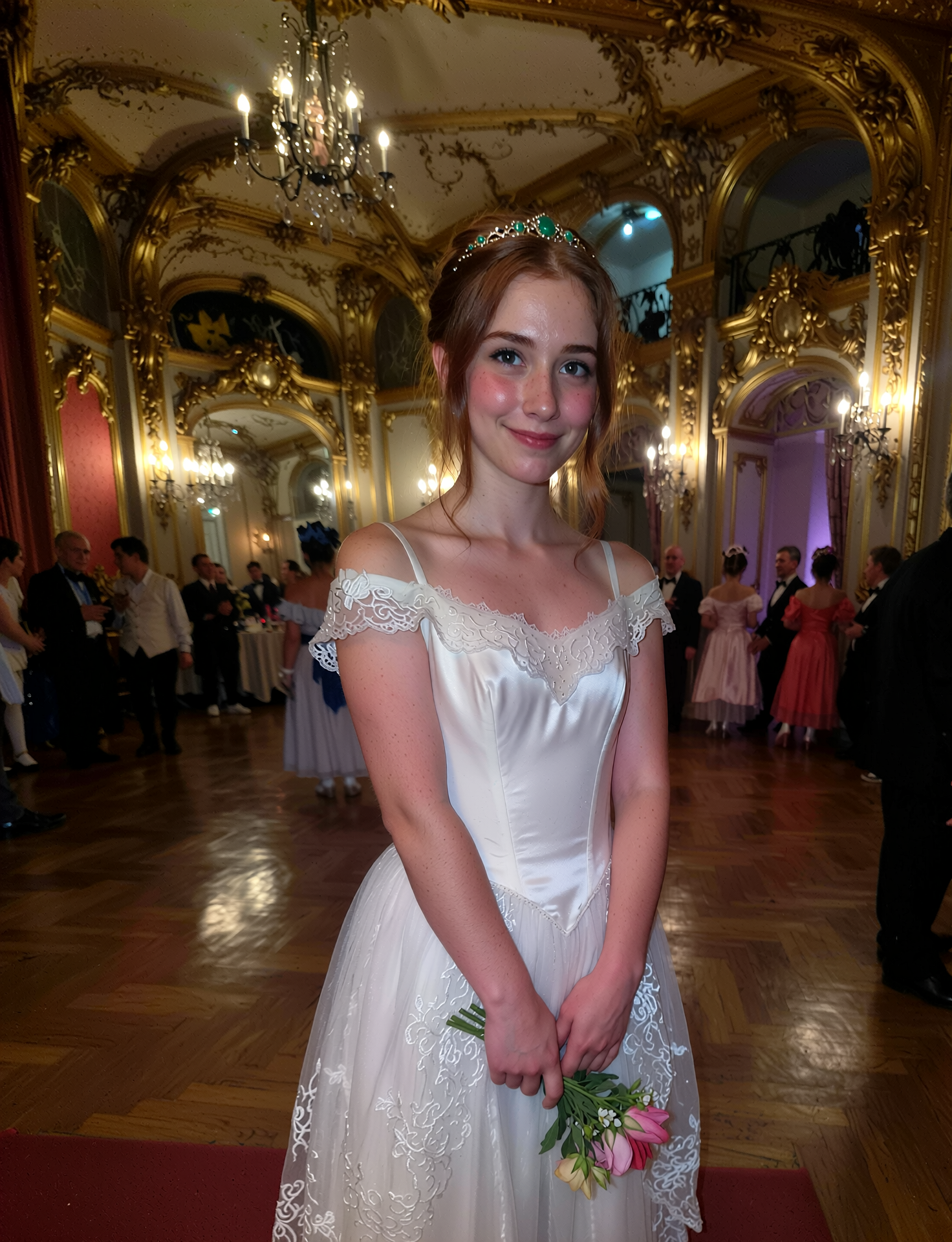 Smiling woman in a white lace-trimmed dress holding pink flowers in an ornate ballroom