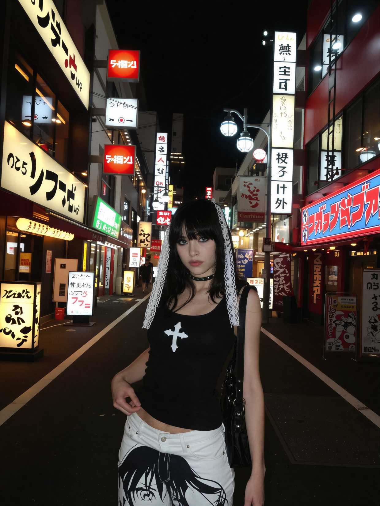 Night AI portrait of a woman in dark clothing standing among bright neon street signs