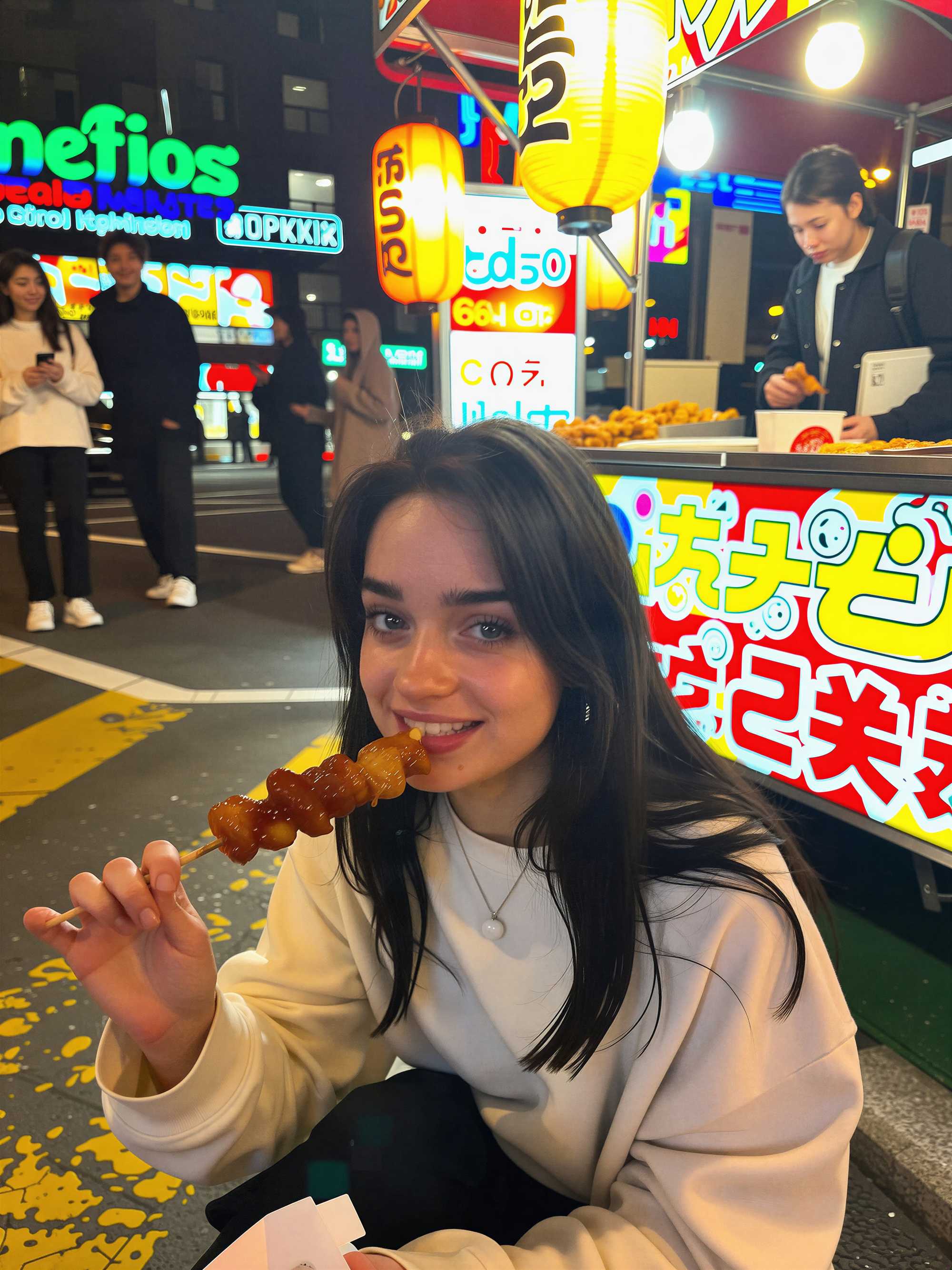 Night AI portrait of a woman at a bright street-food stand surrounded by colorful city signs
