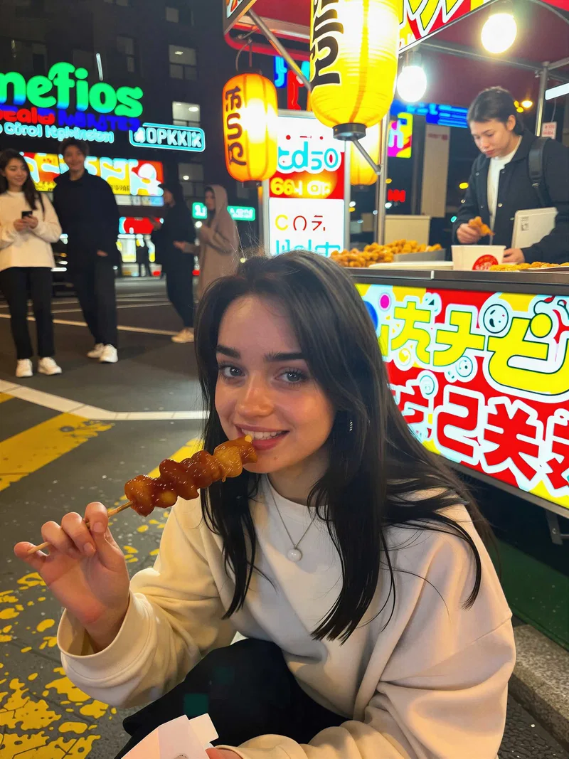 Girl smiling with a food skewer beside a bright Japanese-style street food stall at night