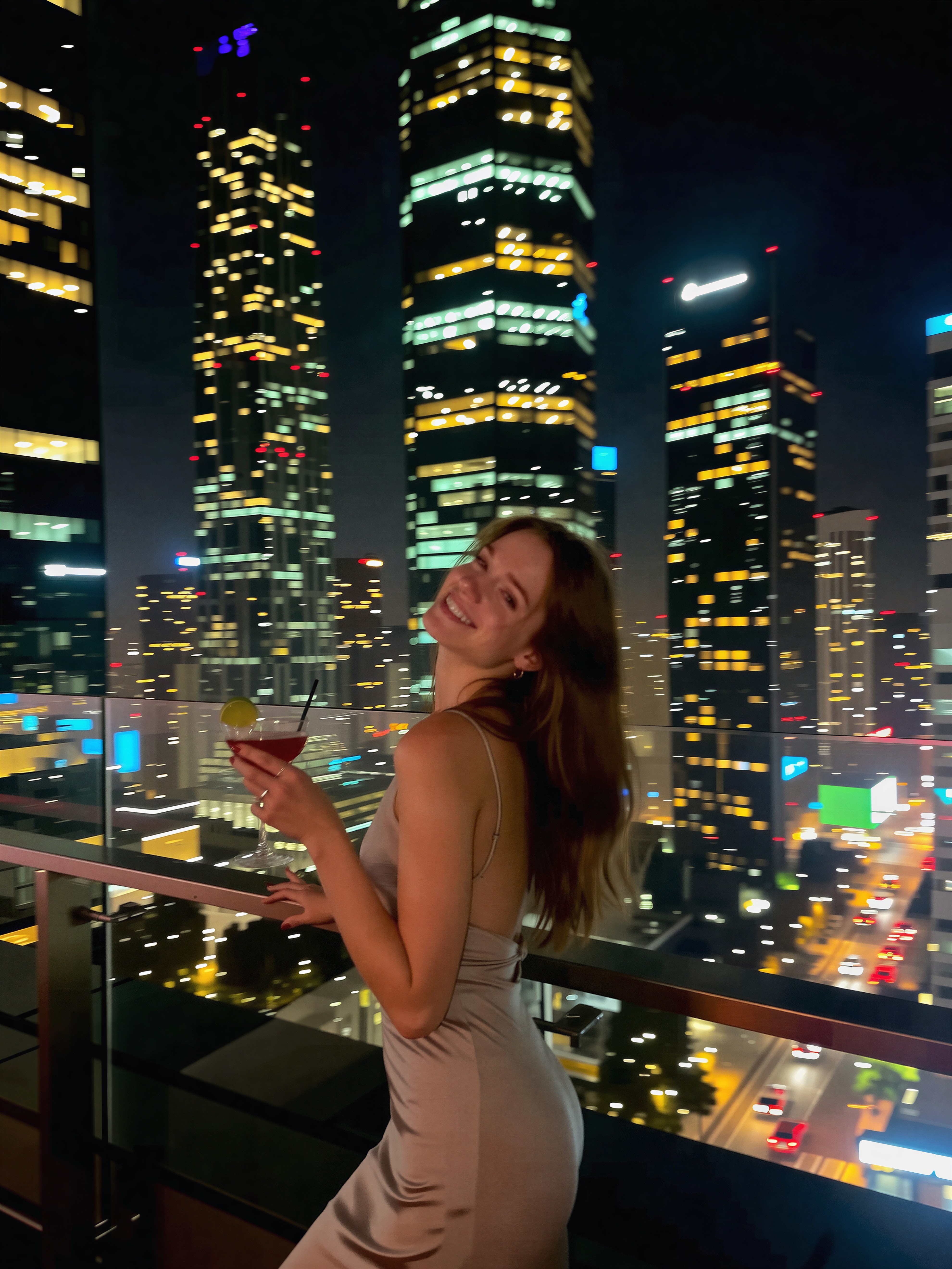 AI portrait of a woman on a balcony with a bright city skyline at night