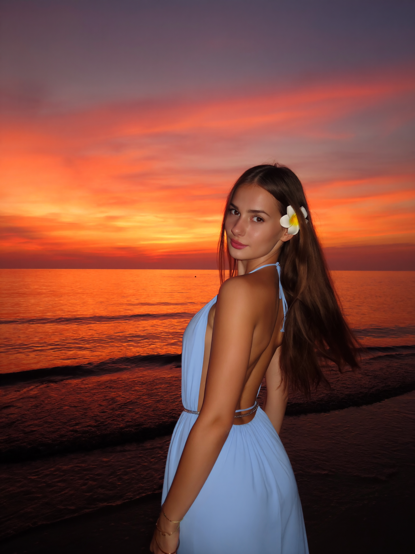 AI portrait of a woman beside the sea at sunset with orange sky and a flower in her hair
