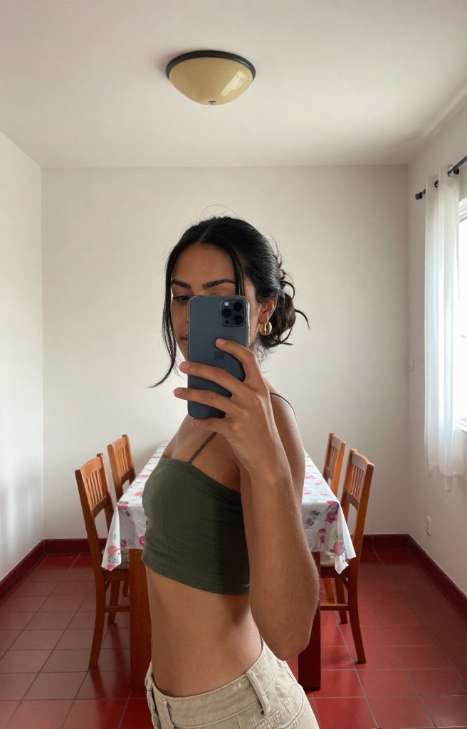 Mirror-selfie AI portrait of a woman in an olive green outfit holding a phone indoors