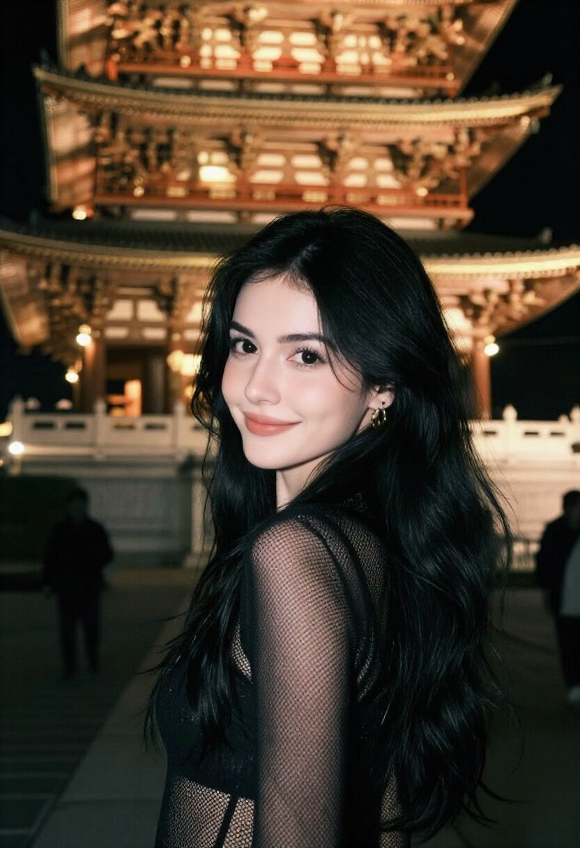 Night AI portrait of a dark-haired woman in front of a softly illuminated shrine