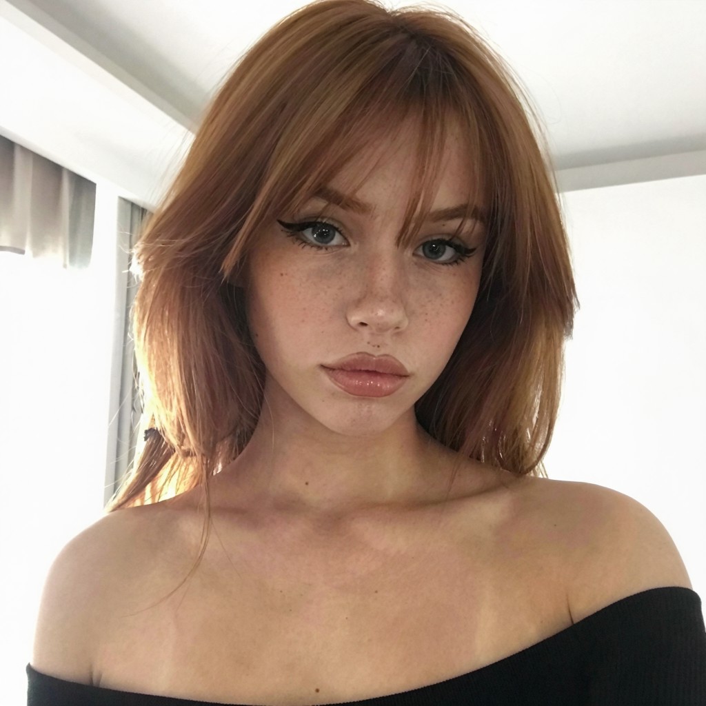 Close-up AI portrait of a woman with copper-red hair and soft makeup in daylight