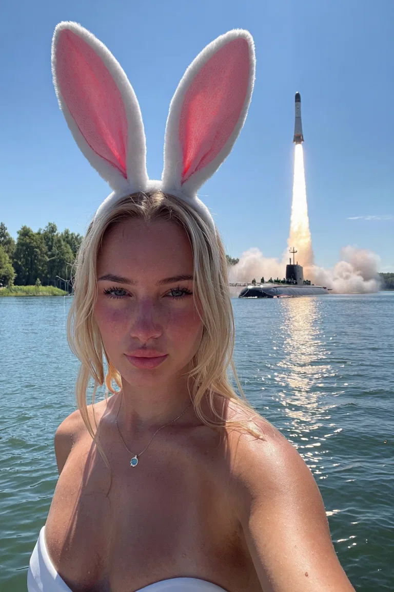 Blonde girl in oversized bunny ears posing beside a lake with a rocket launching behind her