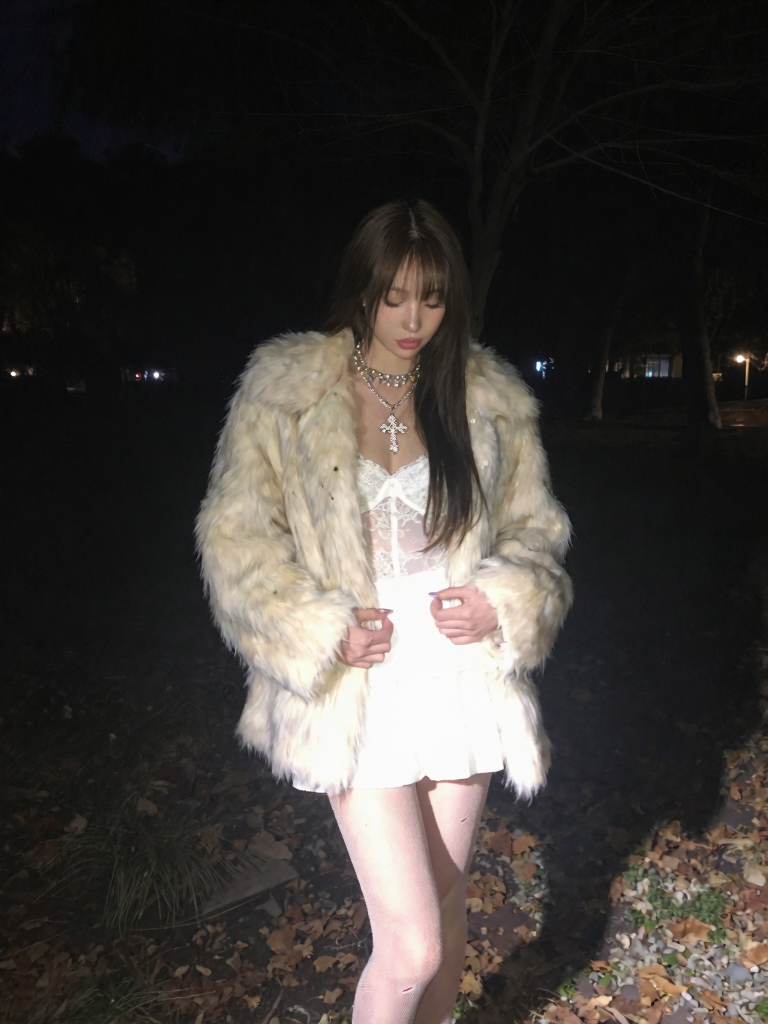 Person with long dark hair wearing a light fur coat over a white dress outdoors at night