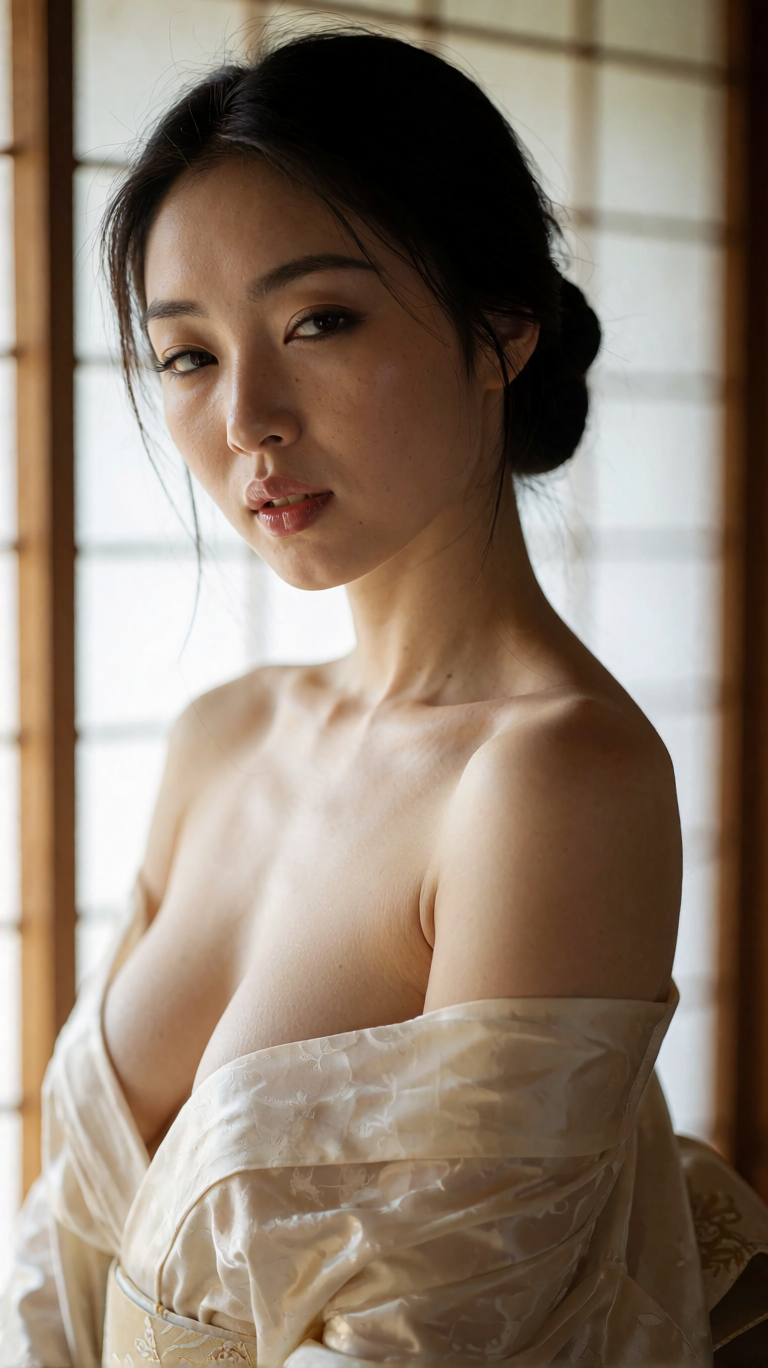 Close portrait of a person with dark hair in a low bun beside a bright window, wearing loosely draped white fabric.