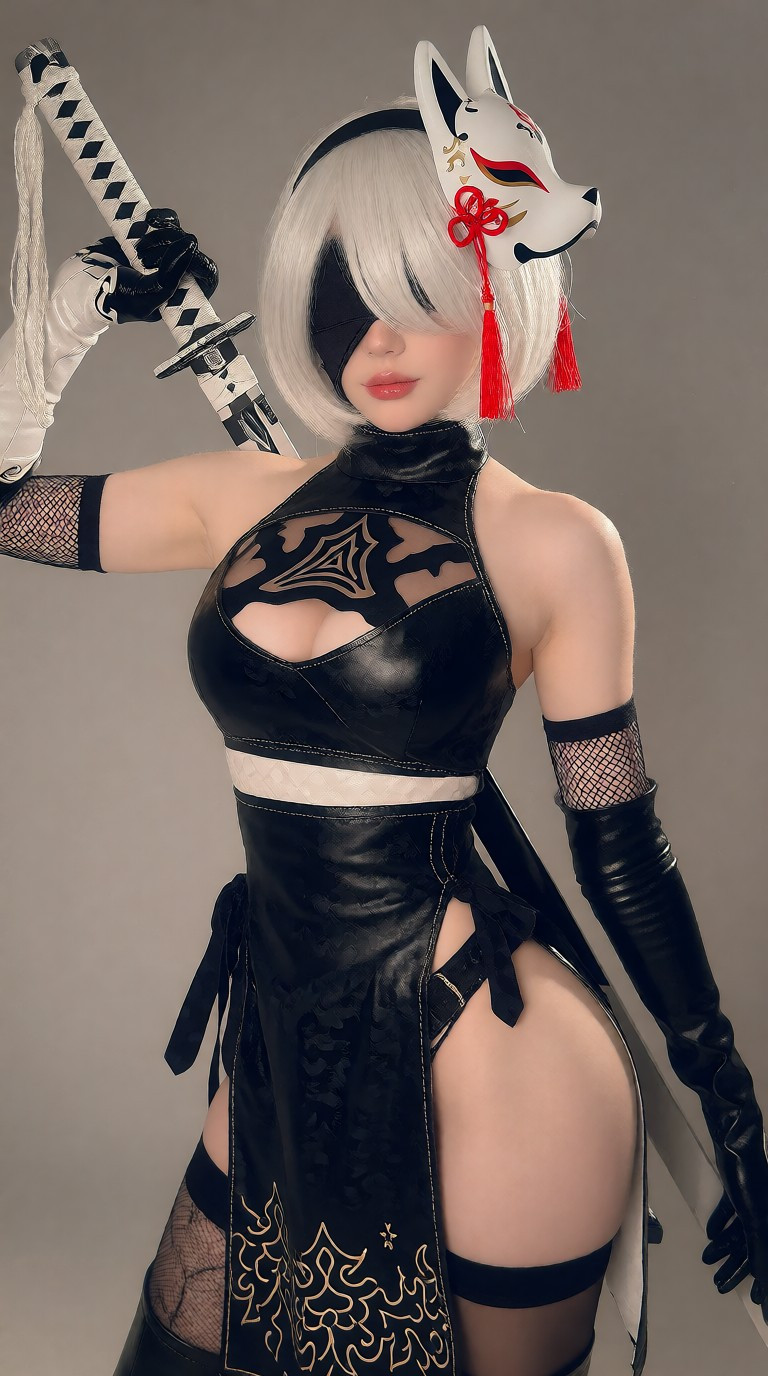 Masked figure with a silver bob haircut, white fox mask, black outfit, mesh sleeves, red tassels, and raised decorated sword against a gray