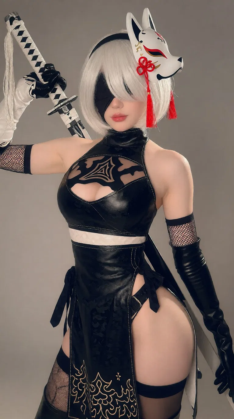 Girl wearing a white fox mask and black fantasy cosplay, holding a raised sword against a gray background.