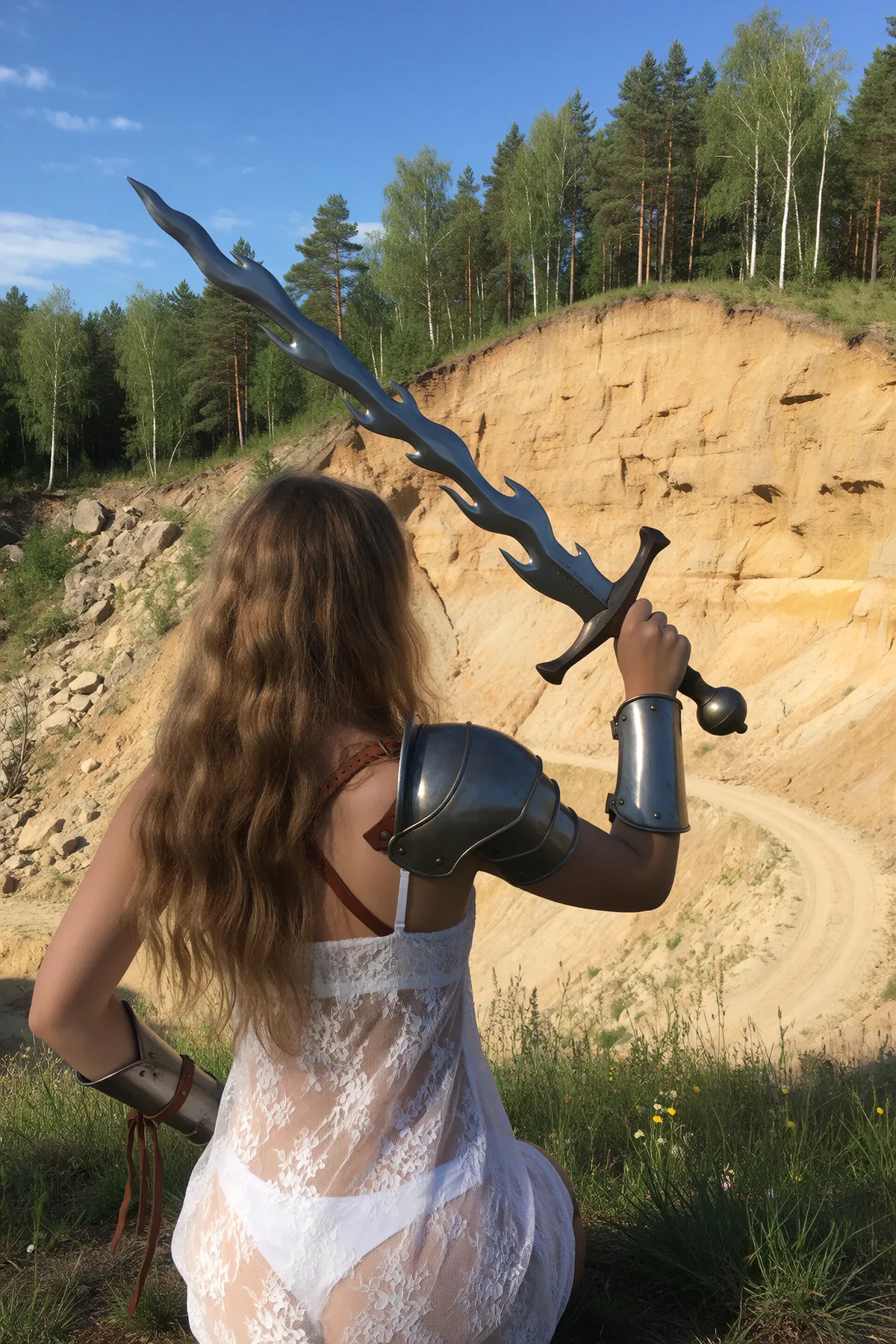 Girl with long wavy brown hair holding an ornate sword beside a sandy forested cliff under a blue sky
