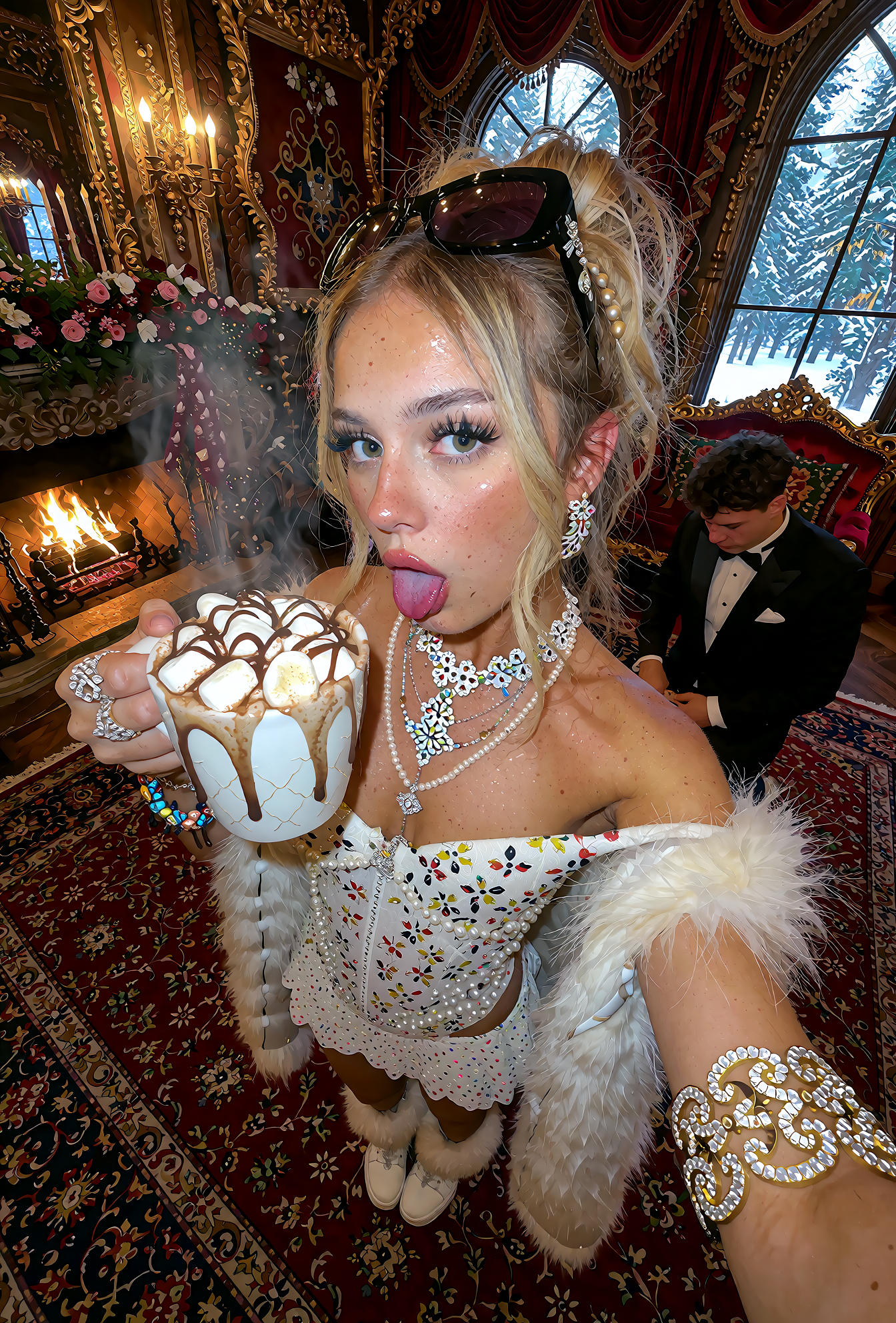 Close wide-angle portrait of a person holding a marshmallow-topped drink in an ornate room