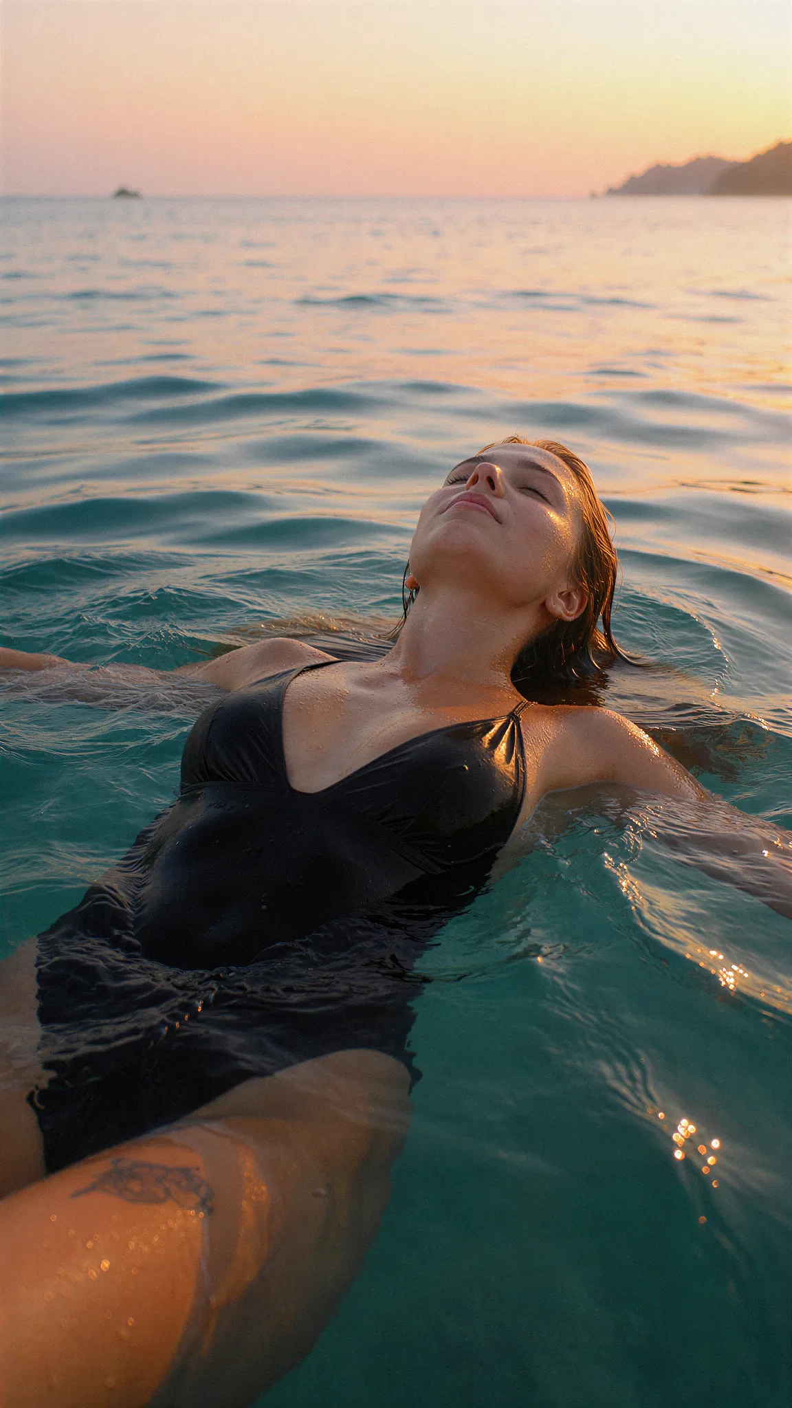 Girl floating on her back in calm ocean water at sunset while wearing a black swimsuit