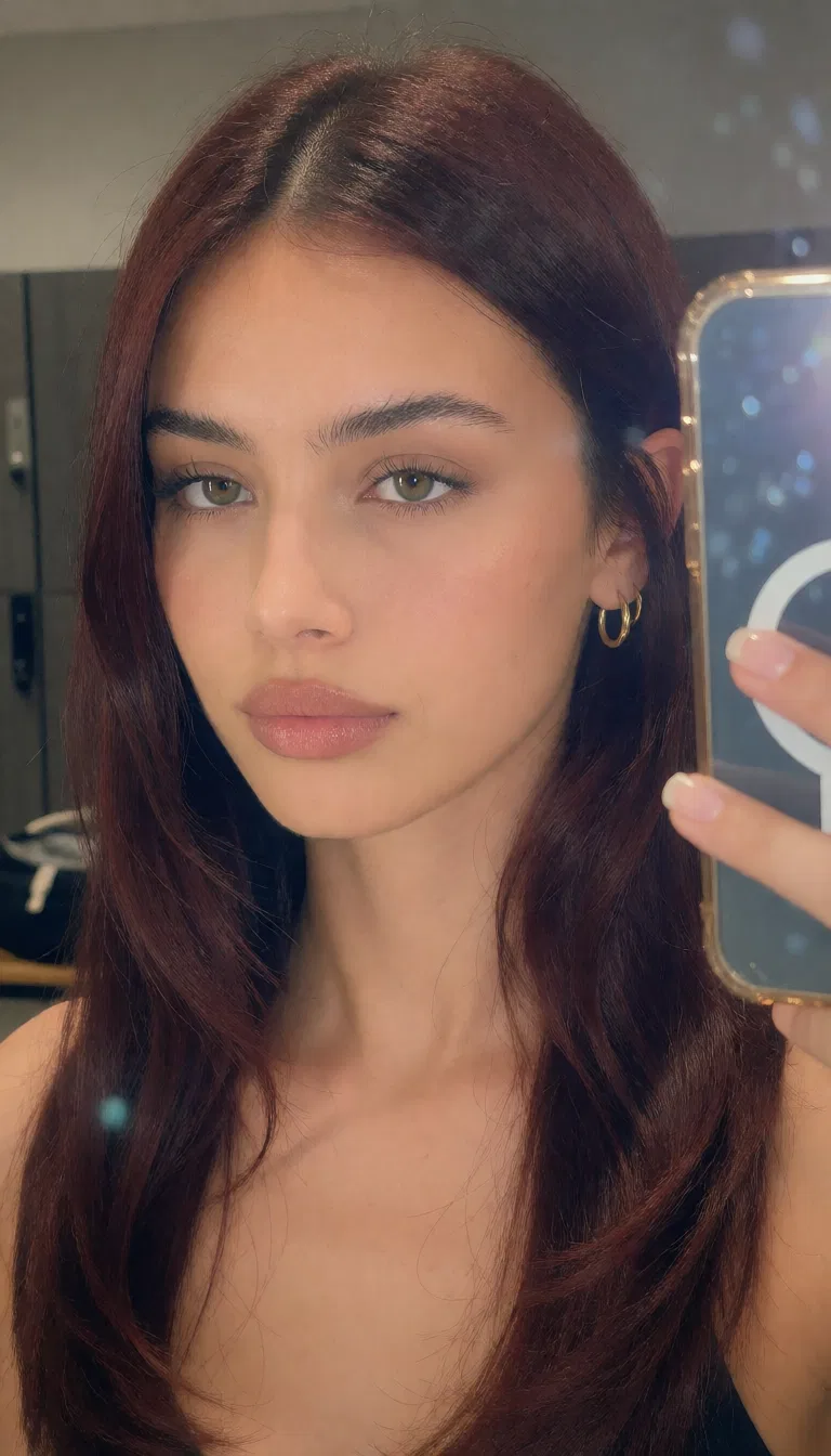 Girl with long auburn hair taking a close mirror selfie indoors while holding a smartphone